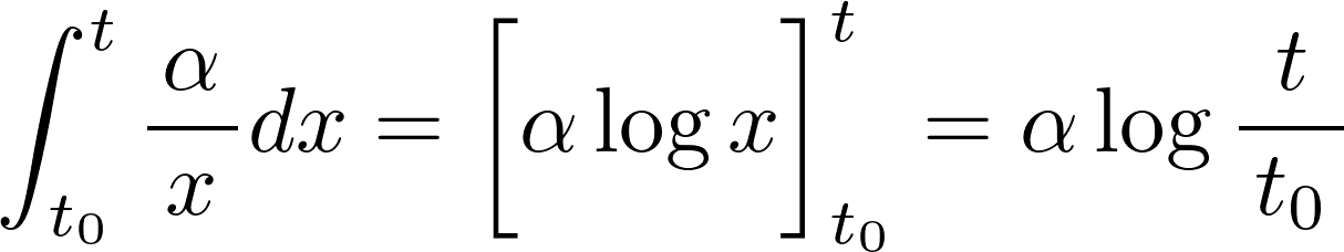 ∫_{t_0}^t α/x dx = α log(t / t_0)