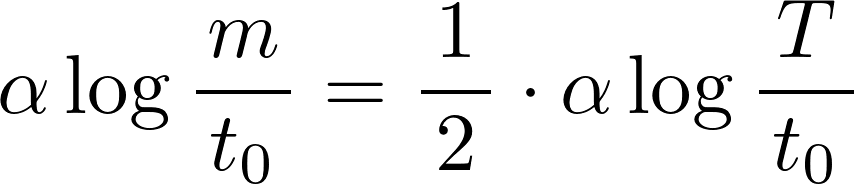 α log(m / t_0) = (α / 2) log(T / t_0)